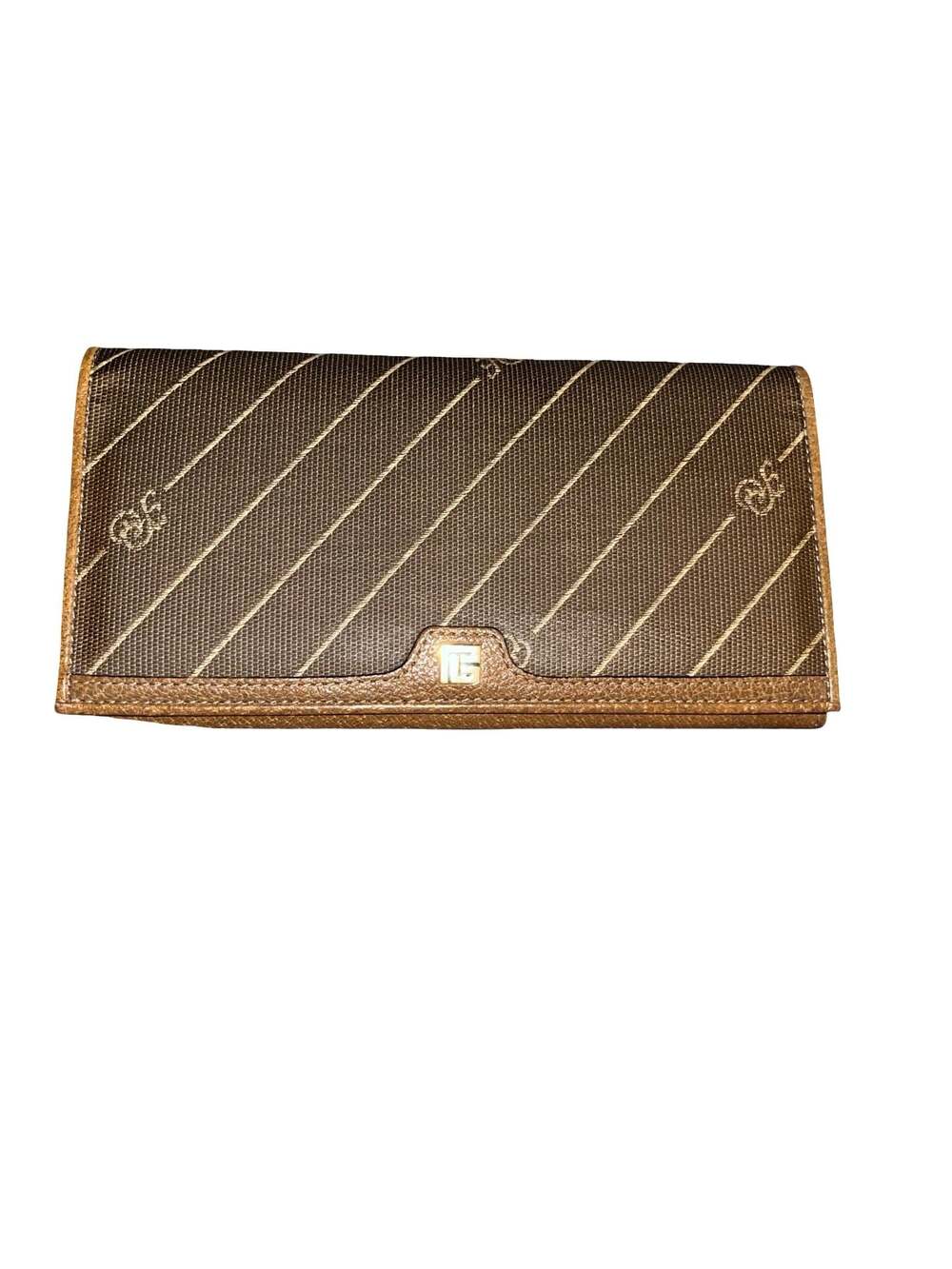 Vintage Pierre Balmain Paris Brown Monogram Canvas and Leather Trifold Kiss-Lock